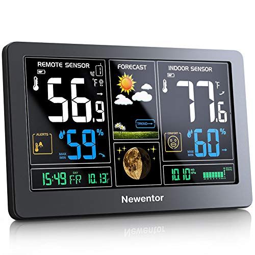 Newentor Weather Station Wireless Indoor Outdoor Thermometer, Color Display Digital Weather Thermometer with Atomic Clock, Forecast Station with Calendar and Adjustable Backlight