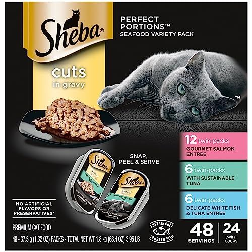 Sheba Perfect Portions Wet Cat Food Cuts in Gravy Variety Pack, with Sustainable Salmon, with Sustainable Tuna, and Delicate Whitefish & Tuna Entree, 2.6 oz. Twin-Pack Trays (24 Count, 48 Servings)