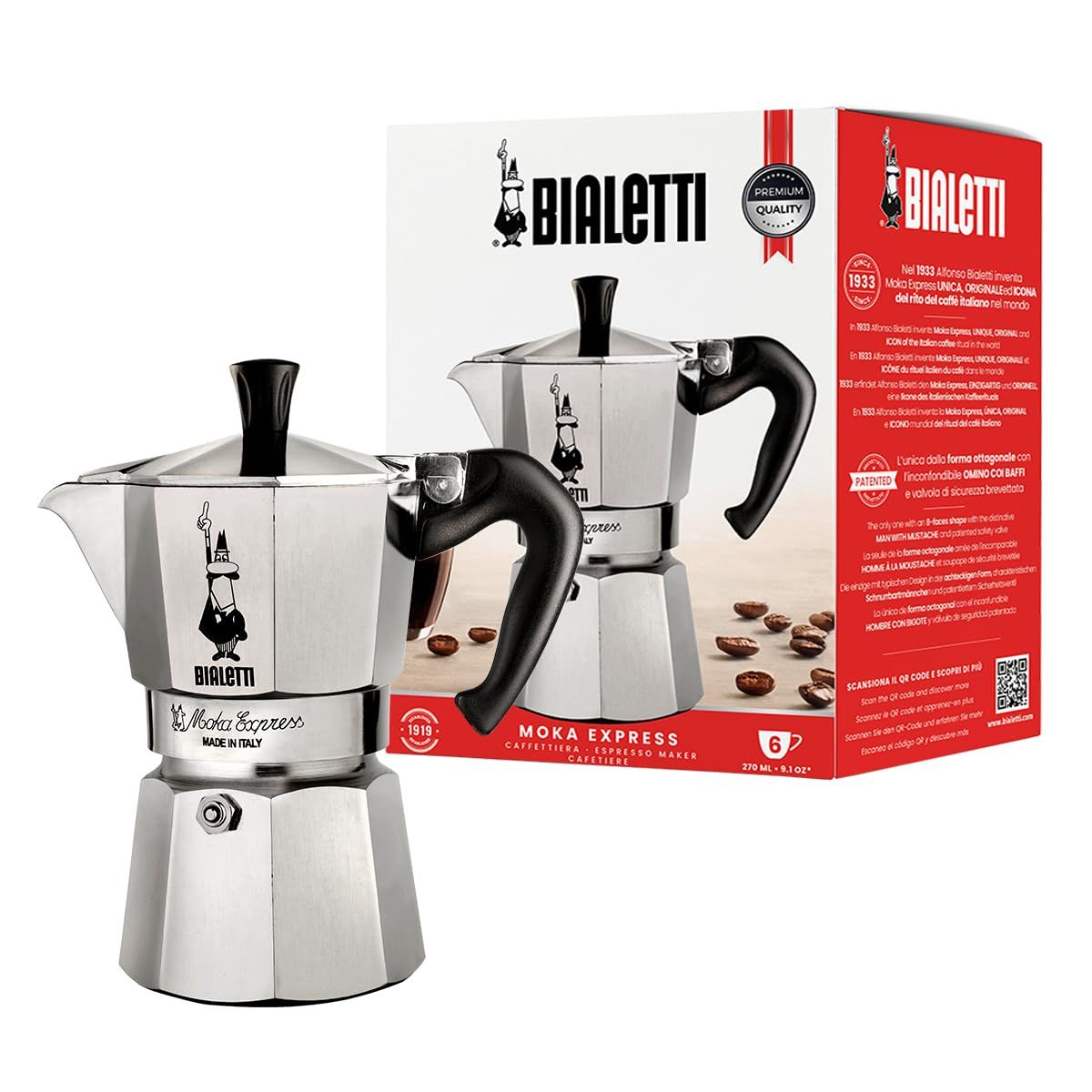 Bialetti - Moka Espress: Iconic Stovetop Espresso Maker, Makes Real Italian Coffee, Moka Pot 6 Cups (6 Oz), Aluminium, Silver 6 Cups Silver