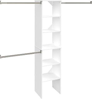 ClosetMaid SuiteSymphony Wood Closet Organizer Starter Kit with Tower and 3 Hang Rods, Shelves, Adjustable, Fits Spaces 4 – 9 ft. Wide, Engineered Wood, Pure White, 16"