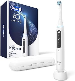 Oral-B iO Series 5 Rechargeable Electric Toothbrush with Visible Pressure Sensor to Protect Gums, 2 Minute Timer, 5 Cleaning Settings, 1 Replacement Toothbrush Heads, and Travel Case, White