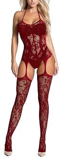 RSLOVE Women Fishnet Bodystocking Attached Stockings Sexy Lingerie Crotchless Bodysuit One Piece Babydoll One Size