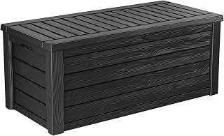 Keter Westwood 570L Storage Box, All-Weather Resin Deck Box and Stylish Outdoor Bench with Piston-Assisted Lockable Lid and Side Handles, Dark Grey