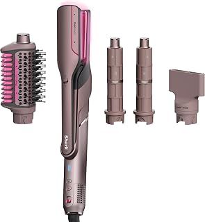 Shark FlexFusion Hair Straightener & Powerful Hair Dryer with Fusion Hair Brush, Ceramic Air Styler with Auto-Wrap Hair Curlers & Concentrator, Ceramic Plates, Cosmic Blush HD641S