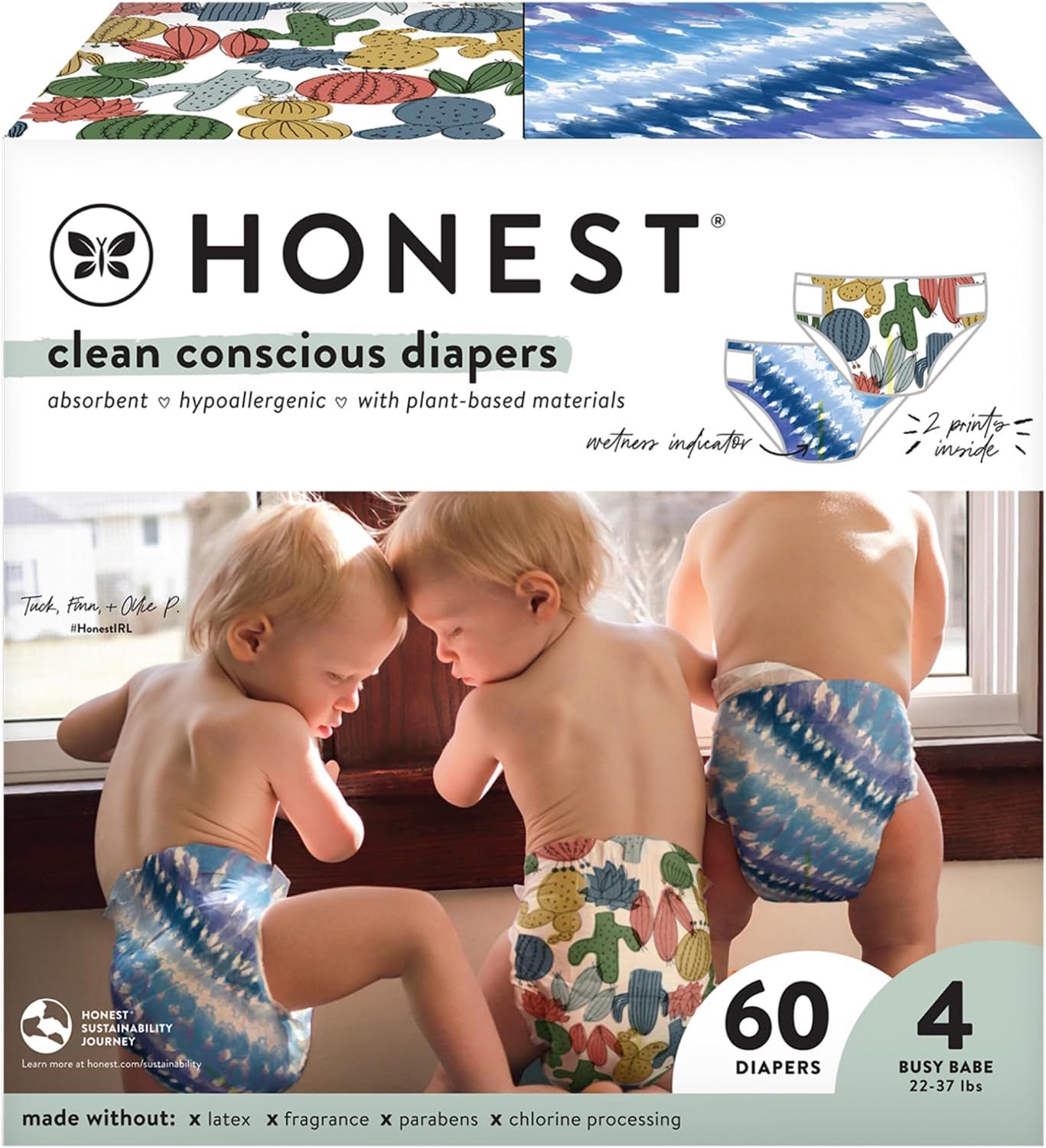 Honest Diapers, Gentle + Absorbent, Size 4 (22-37 Pounds) - 60 diapers