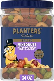 PLANTERS Deluxe Salted Mixed Nuts, Roasted Cashews, Almonds, Pecans, Pistachios, and Hazelnuts, Party Snacks, Plant-Based Protein, Quick Snack for Adults, After School Snack, 34oz Container