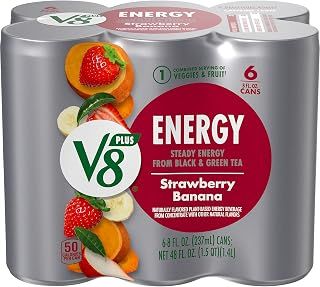 V8 ENERGY Strawberry Banana Energy Drink, Made with Real Vegetable and Fruit Juices, 8 FL OZ Can (Pack of 6)