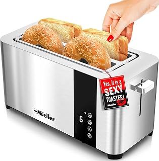 Mueller UltraToast Full Stainless Steel Toaster 4 Slice, Long Extra-Wide Slots for Bagels and Waffles, 6 Browning Levels, LED Display, Cancel/Defrost/Reheat Functions & Removable Tray, Kitchen Gadgets