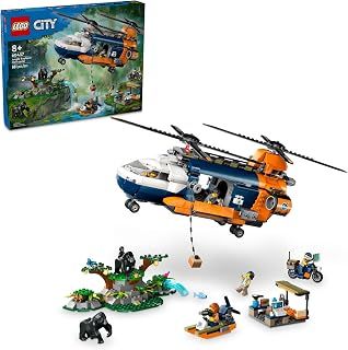 LEGO City Jungle Explorer Helicopter at Base Camp Building Toy, Comes with 5 Minifigures and 3 Gorilla Toy Figures, Adventure Playset for Kids Ages 8 and Up, Birthday Gift for Kids, 60437