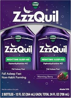 ZzzQuil Sleep Aid, Nighttime Sleep Aid Liquid, 50 mg Diphenhydramine HCl, Fall Asleep Fast, Non-Habit Forming, Warming Berry Flavor, 12 FL OZ x 2 (Twin Pack)