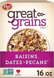 Great Grains Raisins Dates and Pecans Breakfast Cereal, Raisin Cereal with Sweet Dates and Granola Clusters, Non-GMO Project Verified, 16 OZ Box