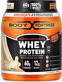 Body Fortress Super Advanced Whey Protein Powder, Vanilla, 60g Protein & 12g BCAAs Per 2 Scoops, Muscle Gain & Recovery, Immune Support with Vitamins C & D, 1.74lbs (Packaging May Vary)