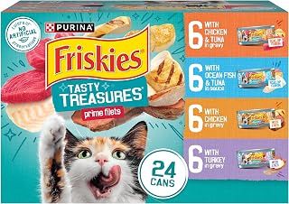 Purina Friskies Wet Cat Food Variety Pack, Tasty Treasures Prime Filets (With Chicken and Tuna, With Chicken, and With Ocean Fish and Tuna, and With Turkey) - 5.5 Ounce (Pack of 24)