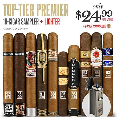 Top-Tier 10-Cigar Sampler + Lighter for $24.99!