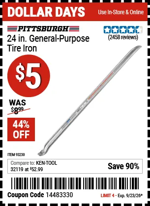 44% Off Pittsburgh Tire Iron for $5