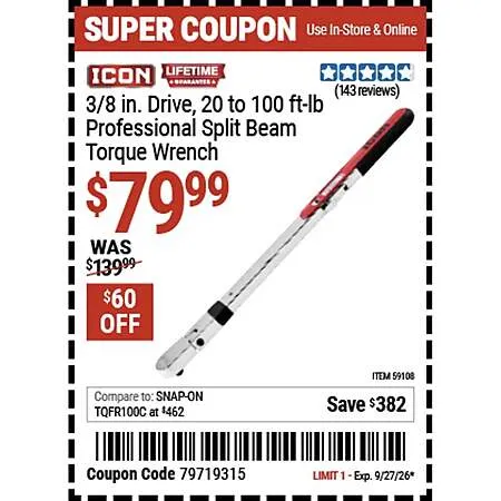 ICON Split Beam Torque Wrench for $80