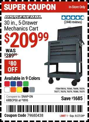 U.S. GENERAL 30 in. Mechanics Cart for $209.99