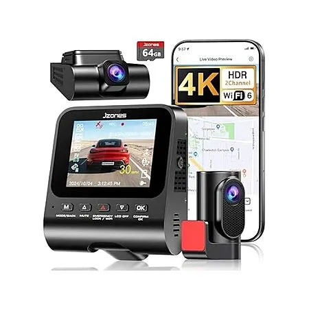 $39.99 for JZONES 4K Dash Cam with Rear & 64GB Card