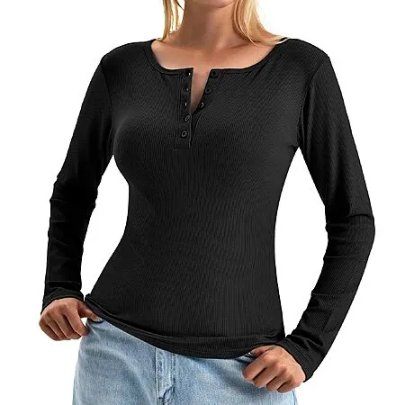 50% Off Walifrey Women's Ribbed Henley Shirt