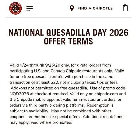 Free quesadilla with $20 purchase during Quesadilla Day