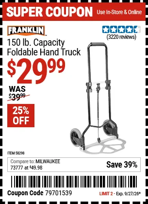 Harbor Freight offers Franklin Foldable Hand Truck for $29.99